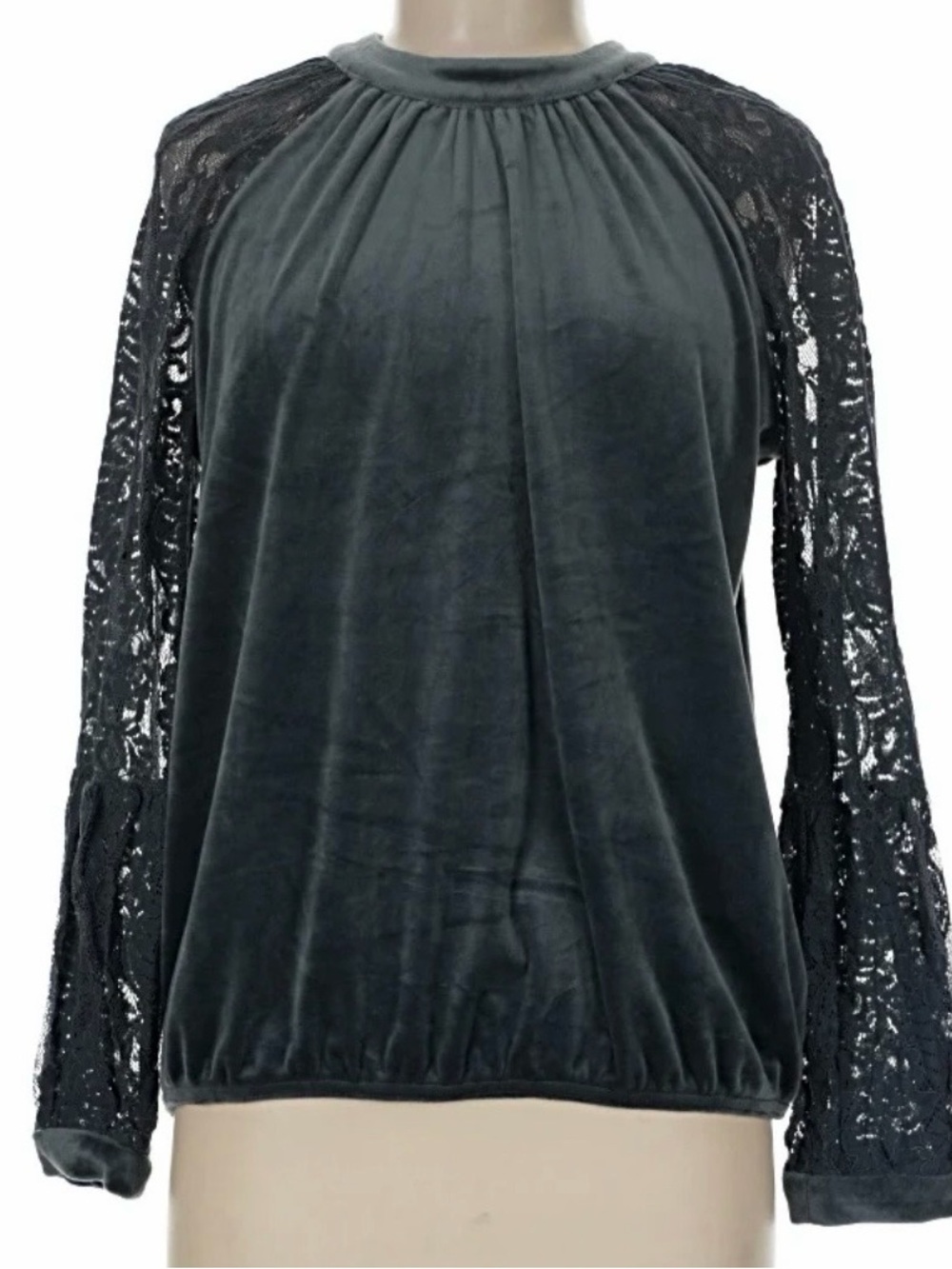 Good Hart/Matilda Jane- Dark Blue/Gray Velvet Blouse with Lace Raglan Sleeves
